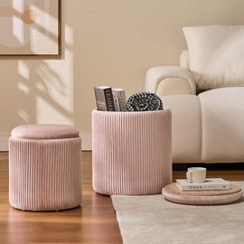 BLEXA Round Set of 2 Ottoman with Storage-Upholstered Velvet Vanity Stool for Makeup Multifunctional Ottomans Coffee Table Padded Seat Foot Rest for Living Room&Bedroom (Pink)