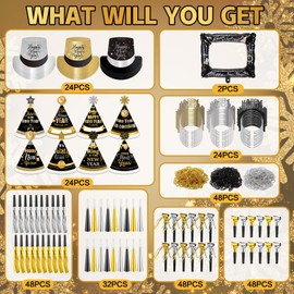 Engrowtic 328 Pcs New Years Eve Party Supplies Set 2025 for 48 People Include Top Hats Cone Hats Headband Tiara Horns Noise Makers Bead Necklaces Photo Booth Frames Props 2025 New Year Party Favors