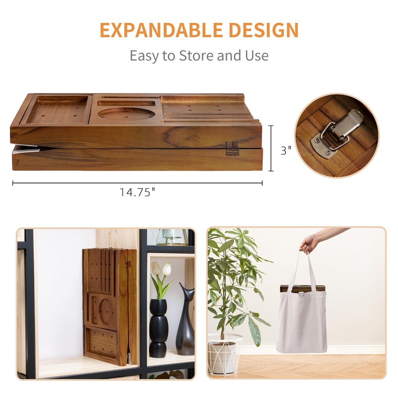 Luxury Teak Bathtub Tray - Foldable Bath Caddy with Expandable