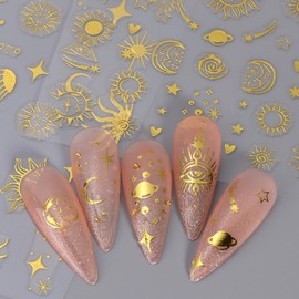 4 Sheet Gold Nail Art Stickers Decals 3D Self-Adhesiver Nail Decals Gold Sun Moon Five-Pointed Star Designs Sun Moon Nail Stickers Nail Art Supplies for Women Nail Accessorise DIY