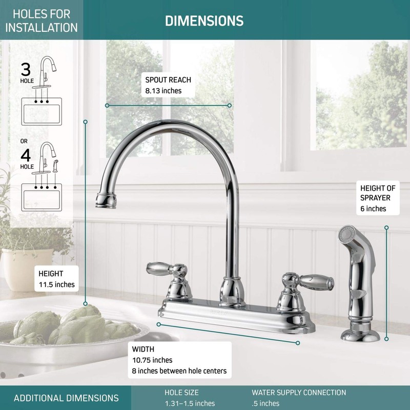 Peerless Claymore 2-Handle Kitchen Sink Faucet with Side Sprayer, Chrome