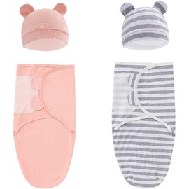 Easy Swaddle Wraps with Matching Hats, Pack of 6 (2 Swaddle Wraps + 2 Matching Hats), Cotton Knit Baby Wrap, Newborn Wearable Swaddle Sleep Sack, Size 0-3 Months, Small