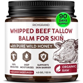 RICHGRAND Beef Tallow for Skin - Whipped Tallow and Honey Balm - Grass Fed Beef Tallow for Face, Daily Moisturizer & Body Butter - Natural Non Comedogenic Skincare (4.3 oz)