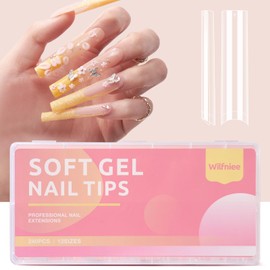 Wilfniee 240PCS Clear Square Nail Tips: 3XL No C Curve Nail Tips for Acrylic Nails- Half Cover Extra Long Fake Tips 12 Sizes for Salon DIY Nail Art