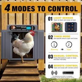 GROPOW Automatic Chicken Coop Door, Extra Large Size, Anti-Pinch Design,Programmable Timer & Light Sensor Modes, Large LCD Display, Solar Powered Auto Chicken Door Opener with Remote Control（50-100m）