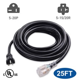 YODOTEK 25FT 12 Gauge NEMA 5-20P/NEMA 5-15/20R Heavy Duty Durable Indoor/Outdoor Extension Cords, 20 Amps 125Volts…