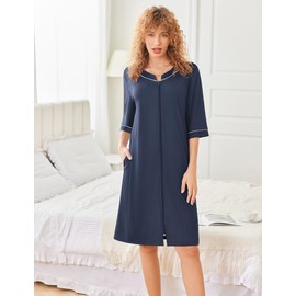 Ekouaer Women Robes Zipper Front 3/4 Sleeve Housecoat Zip Up Bathrobes Lightweight Nightgown with Pockets Blue Purple Large