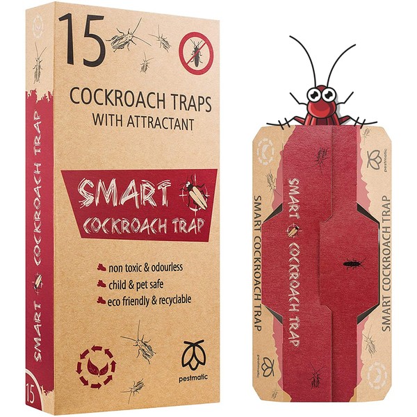 Pestmatic Smart Cockroach Trap x 15, Sticky Strong Glue Cockroach Trap with Food Bait, Roach Indoor Trap, Kraft Eco-Friendly & Natural Catcher for Crawling Insects, Alternative for Cockroach Killer
