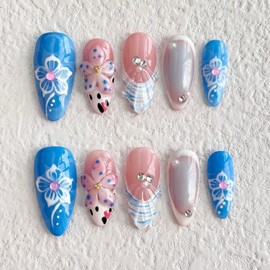 10PCS Handmade Press on Nails Medium Length Almond Fake Nails Full Cover Blue with Pearl Rhinestones designs Gel Stick on Nails French Tip Unique 3d Flower False Nails (S Size)