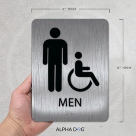 ALPHA DOG ADA SIGNS - Men's Bathroom Sign with Braille for Your Business, 8x6 Inch, ADA Compliant, Indoor or Outdoor, Easy Installation, Made in the USA, Brushed Metal
