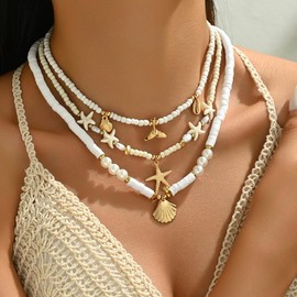 haolry Shell Seashell Necklace for Women Adjustable Gold-Tone Boho Beach starfish Jewelry Layered Summer Charm,Ivory