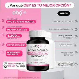 Oby  Myo y D-Chiro-inositol Ratio 401  120 capsulas  2,050 mg porcion  Ingredientes Naturales Premium  Myo  D-Chiro Inositol Ultra en capsulas        