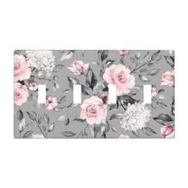 Pink Gray Flower Rose Blossom 4 Gang Quad Toggle Device Light Switch Cover Wall Plate Decorative Electrical Faceplate Large Size Outlet Light Switch Plate