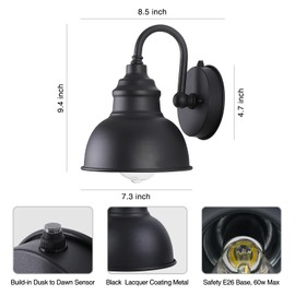 Naurham Barn Light Gooseneck Light- Dusk to Dawn Farmhouse Outdoor Lighting, 1-Light Outdoor Gooseneck Lighting with Sensor Farmhouse Wall Sconce for Patio Porch Garage (7.08" Diameter, 1pc)