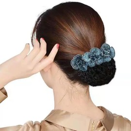 Blue Lace Embroidery Flower with Crystal Hair Snood Net Barrette Elastic Hair Bun Cover Mesh Clip Thick Thin Hairnet Hair Accessories for Women Lady Dance Office Nurse