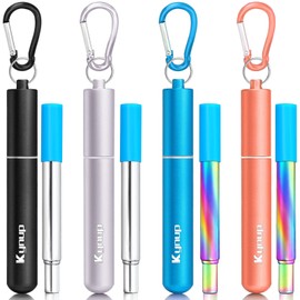 Kynup Metal Reusable Drinking Straw, 4 Pack Portable Collapsible Straws with Case,18/10 Stainless Steel Metal Travel Keychain Straws, Adjustable Length up to 23cm, 6mm Diameter, Cleaning Brush, 20Pcs