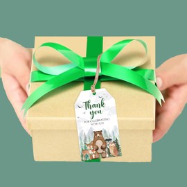 Jollyboom Woodland Animals Baby Shower Favor Tags, 50pcs Let The Adventure Begin Thank You Gift Tags, Mountain Forest Thank You for Celebrating with Us Paper Hanging Tags for Baby Shower Birthday
