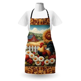 Ambesonne Farmhouse Apron, Country Life Rooster in Daisy Garden Leafy Victorian Details Summer, Unisex Kitchen Bib with Adjustable Neck for Cooking Gardening, Adult Size, Apricot Ruby Olive Green
