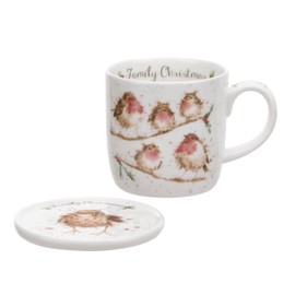 Royal Worcester Wrendale Tasse und Untersetzer, Aufschrift: "Family Christmas", Vogelmotive, mehrfarbig