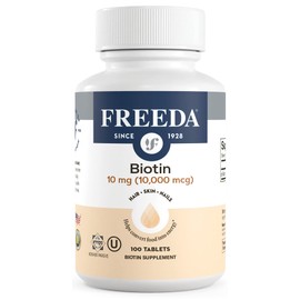 FREEDA Biotin 10,000 mcg – Kosher Hair, Skin & Nails Supplement – High-Potency B7 for Hair Growth & Strong Nails – Vegan Tablets with D-Biotin – 100 Tiny Tablet