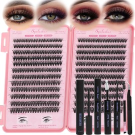 Lash Clusters Kit, Eyelash Clusters Individual Lash Extension Kit D Curl Flufffy Wispy False Eyelashes Extensions Thin Band with Bond Seal Tweezers Brush Remover (40D+50D Kit 9-16mm)