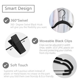 MIZGI Premium All Black Velvet Pants Hangers with Adjustable Clips (Pack of 20) Slim Skirt Hangers- Non Slip Felt Outfit Dress- Black Hooks,Space Saving Shirt Clothes