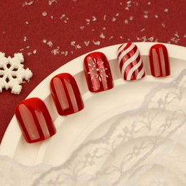 24Pcs Christmas Press on Nails Red Line Fake Nails Short Square Acrylic False Nails with Snowflake Design Full Cover Stick on Nails Gel Reusable Christmas Glue on Nail for Women