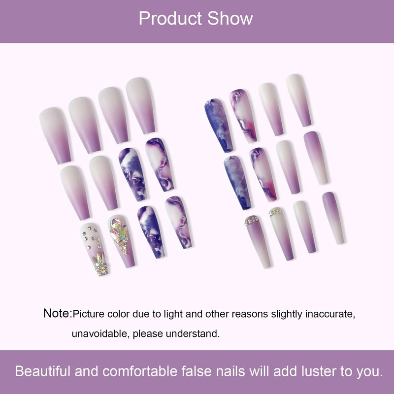 24 PCS Press-on Nail Long Fake Nail Violet Pattern False