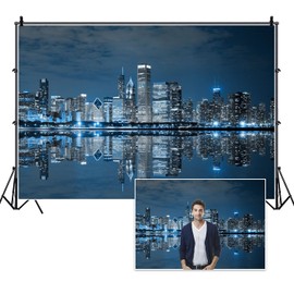 DORCEV 10x8ft Skyline City Night Landscape Photography Backdrop Business Modern City Chicago Downtown Night Background for Party Decoration Birthday Kids Boy Photoshoot Photo Background Props