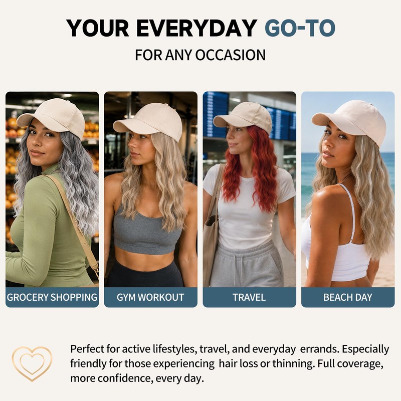 Hat Wigs 20" Hat with Hair Attached for Women,Long Wavy