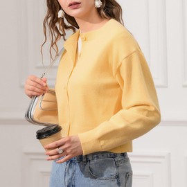 Qifeodm Women's Y2K Button Down Sweater Cardigan Long Sleeve Cropped Knitted Crewneck Sweater Open Front Crop Top Streetwear Yellow XL
