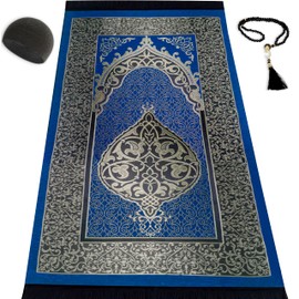 Kapobia Muslim Prayer Rug Prayer Beads Kufi Hat for Men and Women 100% Breathable Black Skull Beanie Traditional Desing Prayer Mat Eid Ramadan Gifts Islamic Set Salah Mat Taffeta Fabric Soft (Blue)