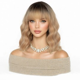TIXBABY Short Ombre Blonde with Bangs for Women Ombre Blonde Bob Wig Synthetic Heat Resistant Bob Wigs Curly Shoulder Length Synthetic Cosplay Wig