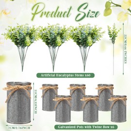 Solsew 6 Sets Artificial Eucalyptus Arrangement in Galvanized Pots Fake Plants Eucalyptus Leaves Frosty Green Faux Eucalyptus Rustic Table Centerpiece for Wedding Home Office Farmhouse Decor(Iron)