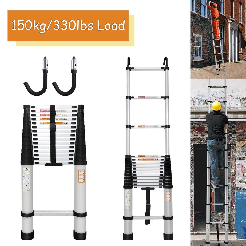 20.3ft Extension Ladder with 2 Detachable Hooks, Aluminum Telescoping Folding