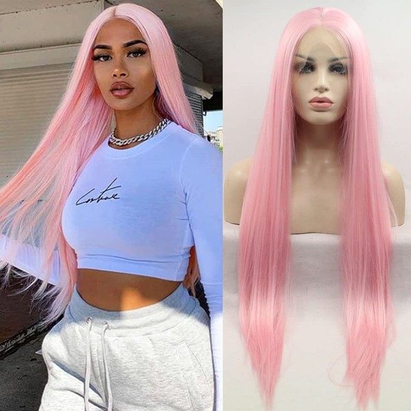 xiweiya Lace Front Wigs 13 * 4 Lace Light Pink Long Silk Straight Glueless Swiss Lace Wigs Heat Resistant Cute Pink Wig Pre Plucked Natural Hairline for DIY Party Drag Queen Halloween