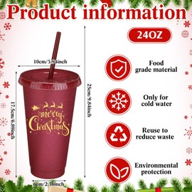 Skylety 32 Pcs Christmas Plastic Tumbler with Lid and Straw 24oz Plastic Holiday Stadium Cup Christmas Cup Red Cup Christmas Mug Reusable Adult Cup for Christmas Party Supplies, 8 Designs (Multicolor)
