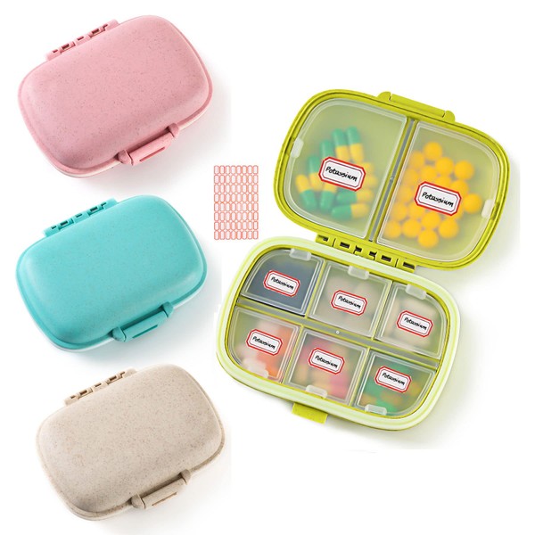 4 Pack Pill Organizer, Daily Pill Case with Lable, 8 Compartment Travel Pill Box for Pocket Purse, Medicine Case, Waterproof Portable Pill Supplement Case,Pill Container to Hold Vitamin, Cod Liver Oil