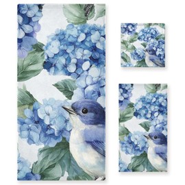 ALAZA Blue Hydrangea Flowers Bird Towel Bathroom Set, 3-Piece Towel Set, 1 Bath Towel, 1 Hand Towel, 1 Washcloth,Soft Absorbent Towel for Home Kitchen Gym Beach