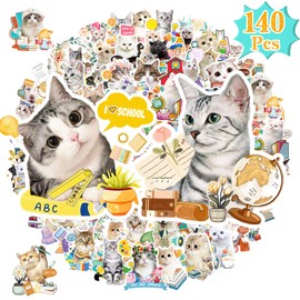 BEMAYSELF 140 PCS Cat Stickers for Kids Classroom, Cute and Fun Kitty Stickers for Water Bottles, Vinyl Cat Stickers for Teens and Kids, Classroom Rewards and Craft Stickers