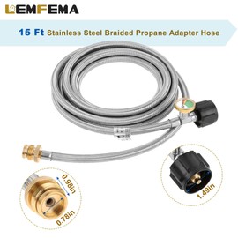 Lemfema 15 FT Propane Adapter Hose with Gauge, 1 lb to 20 lb Stainless Braided Hose for QCC1/Type1 Tank Connects, Compatible with Coleman Camp Stove, Buddy Heater and More 1lb Portable Appliance