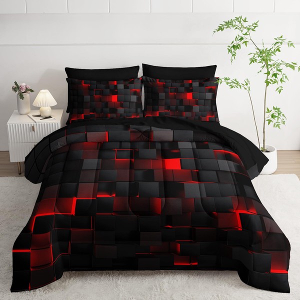 Nttopship Geometric Red Black Queen Comforter Set,Light Honeycomb Bedding Set