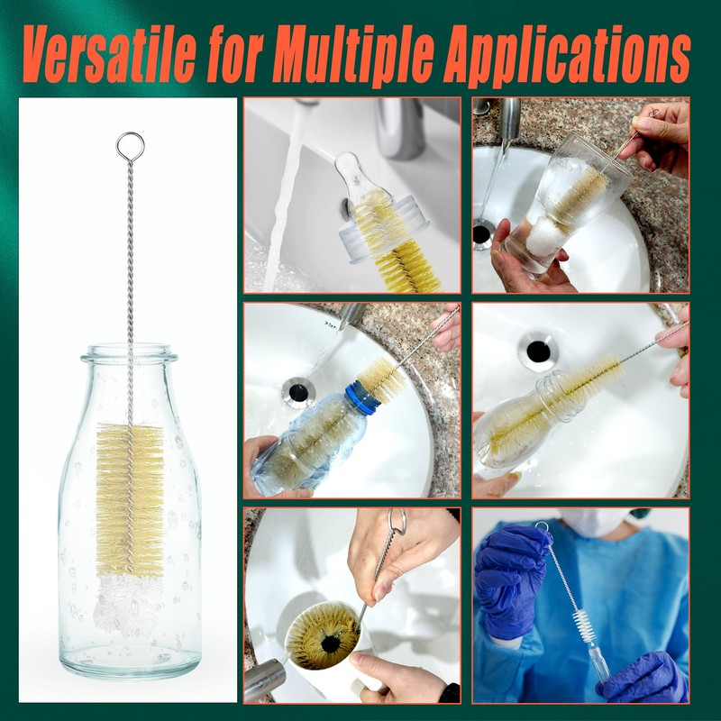 9-Pack Thin Long Handle Bottle Brushes with Boar Bristle &