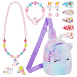 VGMANNTA Unicorn Gifts for Girls Unicorn Toy Gift Girls 5 Years Birthday Gift Handbag Girls Unicorn Children's Jewellery Set Girls Children's Jewellery Princess Toy Purple, Polyester