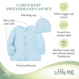 Little Me Unisex Baby Cable Knit Sweater and Cap Set, Light Blue, 3 Months