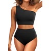 Black Women's One Shoulder Bikini Set High Waisted Bathing Suit