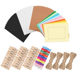 Tanstic 40Pcs 4 Inch Colorful Paper Photo Frames Cardboard Photo Frame Hanging Photo Display Frame with Wooden Clips and String for Home Office Party Decor