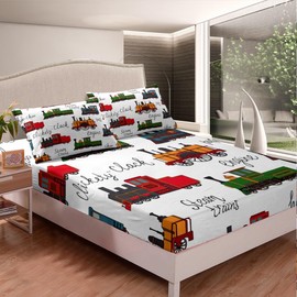 Vintage Train Bedding Set Twin Size Cartoon Train Car Bed Sheet 3Pcs for Kids Boys Girls Room Decor Transportation Vehicles Fitted Sheet Yellow Red Green Train Top Flat Sheet,1 Pillowcase