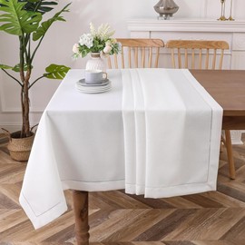 Majestic Giftware Linen Look Polyester Tablecloths for Rectangle Tables | (70/108) - TC1551 White with Hole Design Etched at Seam Table Cover | Decorative Washable Tablecloth for Kitchen & Dining