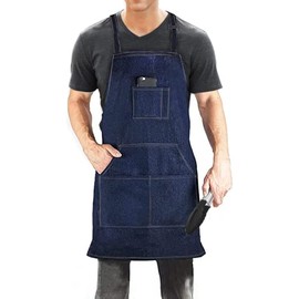 Dadidyc Denim Jean Tool Apron with 4 Pockets Waterproof Adjustable Canvas Lightweight Work Apron Blue